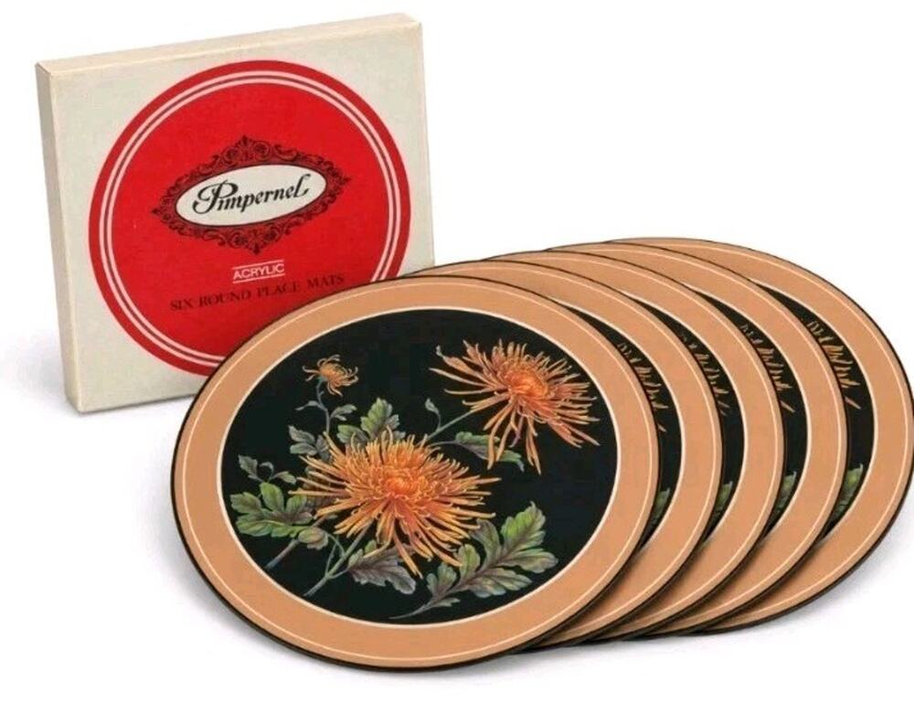 Vtg Pimpernel Spider Chrysanthemum Placemats Set 6 Round Acrylic Cork England